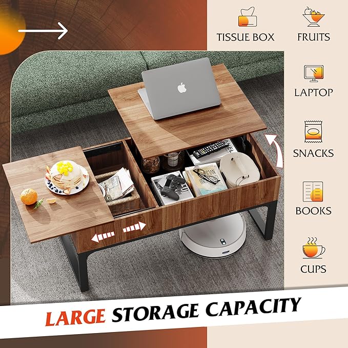 WLIVE Lift Top Coffee Table with Storage, 40.9" Coffee Table with Lifting Top & Sliding Cover, Wood Modern Center Table with 2 Hidden Compartment for Living Room, Walnut Oak