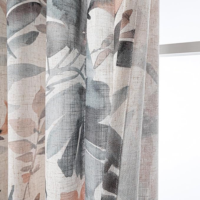 MYSKY HOME Two Pages Pinch Pleated 95 Inches Linen Orange Curtains for Living Room/Dining Room Burlap Effect Floral Printed Privacy Protect Drapes Window Treatments, 2 Panel, Coral and Natural