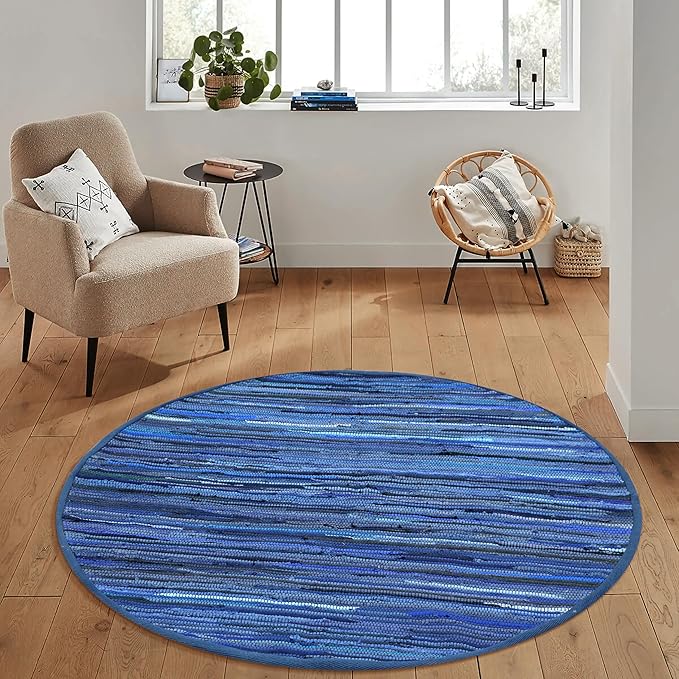 Area Rugs 4Ft Round Navy Blue Cotton Rug Farmhouse Handwoven for Bedroom, Bathroom,Living Room | Boho Reversible Washable RagRug Circle Carpet for Kitchen, Patio, Kids Playroom, Nursery