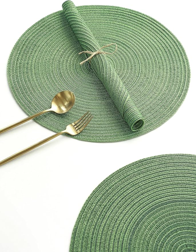 Floroom 15 Inch Round Braided Placemats Set of 4, Washable Heat Resistant Cotton Polyester Circle Place Mats for Kitchen Dining Table - Forest Green