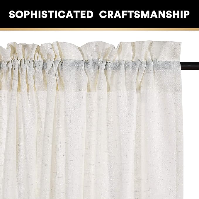 PrinceDeco Linen Curtains 63 inches Long for Bedroom Rod Pocket Curtains Modern Farmhouse Coastal Decor Elegant & Casual Curtains for Dining Room Office, 2 Panel Set,Ivory