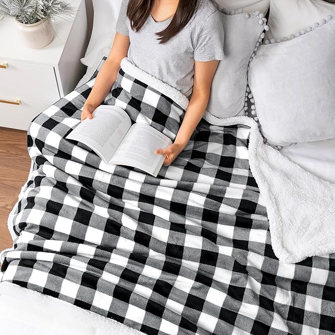 Pavilia Black & White Buffalo Plaid Sherpa Bed Blanket - King, Plush Checkered Fleece & Flannel, Warm Winter Blanket for Couch & Sofa, 90x108