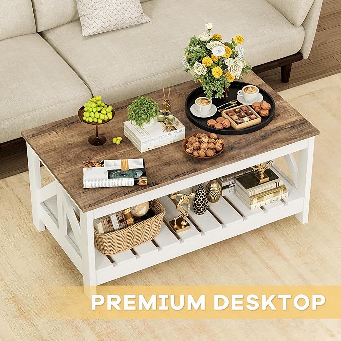 JUMMICO 39” Farmhouse Coffee Table for Living Room, 2-Tier Modern Living Room Table with Storage Shelf, Rustic Rectangular Center Table Space Saving Home Furniture (Rustic Oak & White)