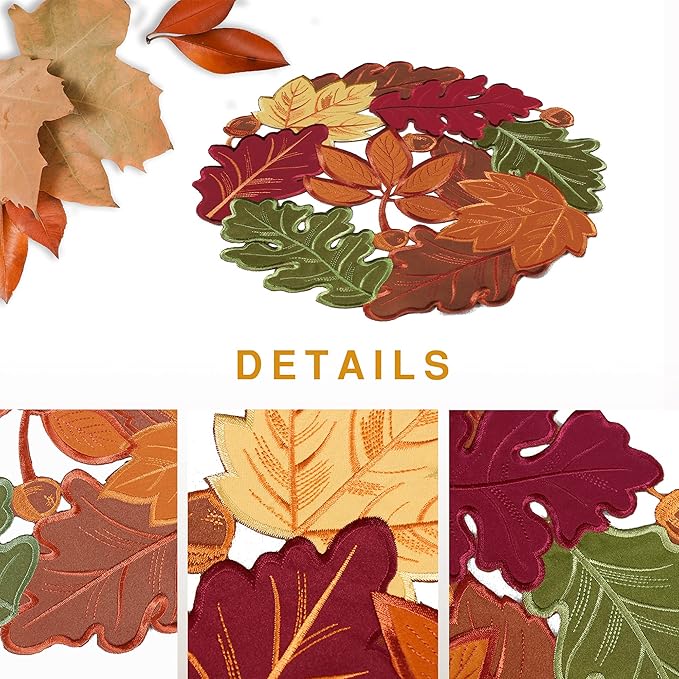 OWENIE Thanksgiving Table Doilies for Fall Home Decoartion, 15 Inch Round Placemats for Dining Table, Set of 4 PCS Harvest Maple Leaves Embroidered Table mats for Autumn