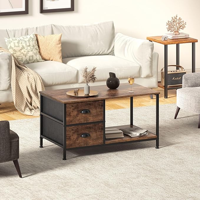 SENIG Coffee Table with Drawers, Coffee Table for Living Room, 2-Tier Coffee Tables with Storage Drawers,Brown Coffee Tables for Small Spaces, Rectangle Wood Ttable, Metal Side End Table