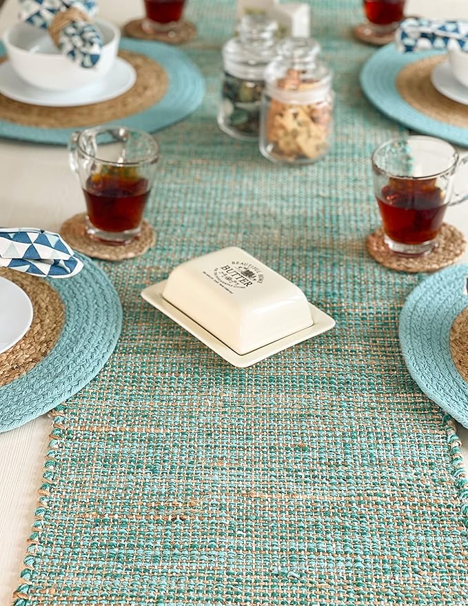 Chardin home Natural Jute Table Runner 13x90 Inch – Vintage Boho Rustic Table Decor – Handwoven Jute Table Runner in Natural and Aqua – Farmhouse Dining or Console Table Accent