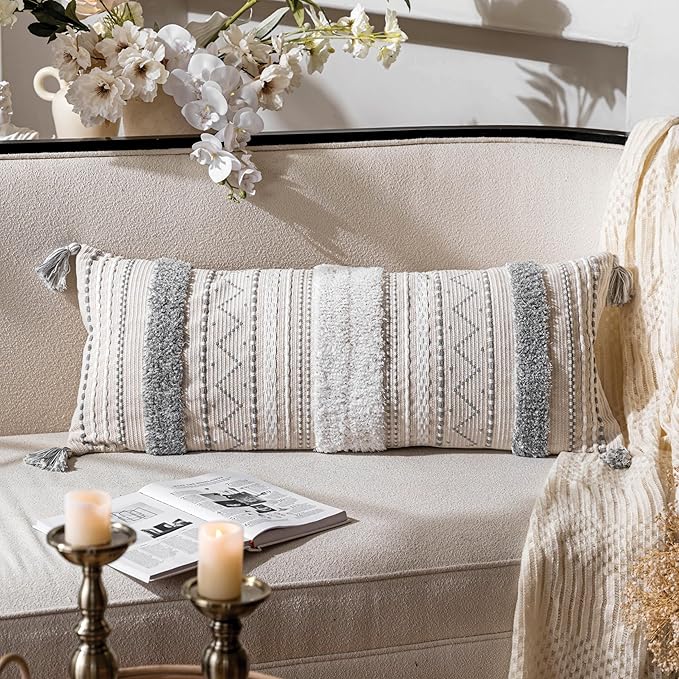 Gray Decorative Lumbar Throw Pillow Cover 14x36 Boho Long Cushion for Bed Neutral White Accent Farmhouse Pillowcase for Bedroom Living Room Couch Sofa Home Décor (Cover ONLY, Pack of 1)