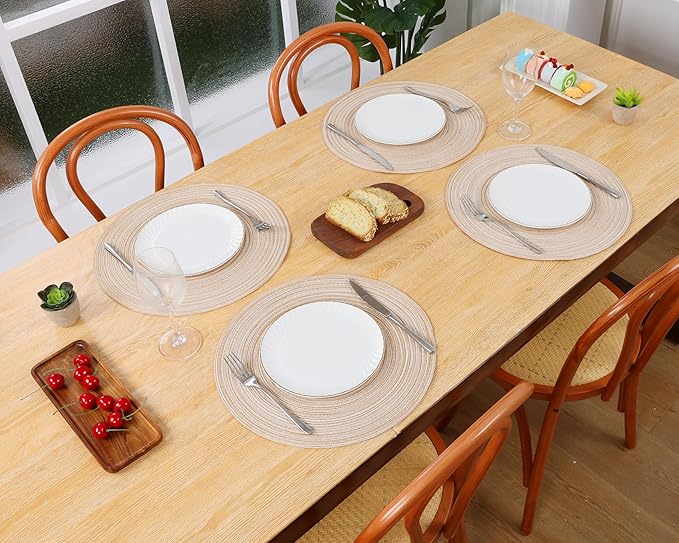 SHACOS Round Braided Placemats Set of 4 Round Table Mats for Dining Tables 15 inch Washable Kitchen Table Place Mats Indoor (Beige, 4)