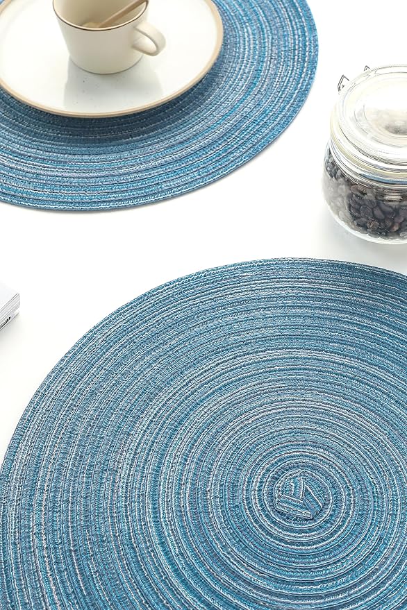 Floroom 15 Inch Round Braided Placemats Set of 4, Washable Heat Resistant Cotton Polyester Circle Place Mats for Kitchen Dining Table - Dusty Blue