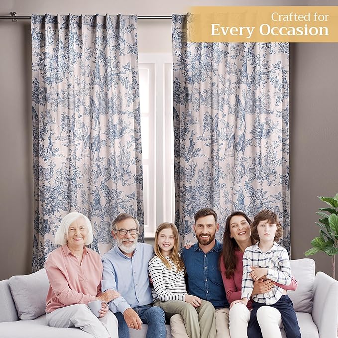 Maison d' Hermine Curtains for Living Room 100% Cotton 124 inch Length One Panel Light Filtering Toile Curtains for Bedroom Windows with Rod and Loop Pockets Drapes (The Miller Denim, 50" W x 124" L)