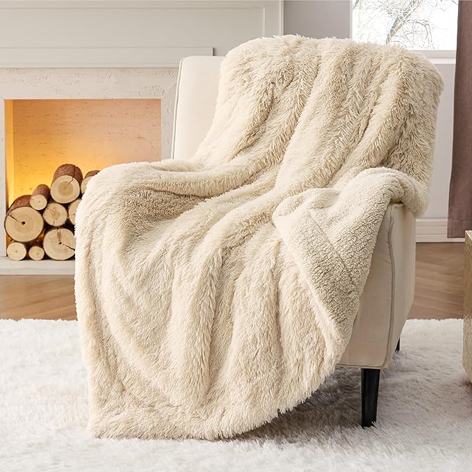 Bedsure Fuzzy Sherpa Faux Fur Twin Blanket Beige Cozy Gifts for Women Men, Soft Fleece Plush Warm Minky Thick Blanket Twin Size for Bed, Couch, Room Decor Dorm Essentials Beige Decor Gifts, 60x80