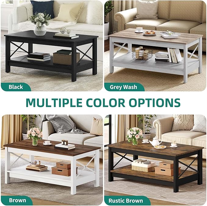 YITAHOME Coffee Tables for Living Room, Modern Farmhouse Coffee Table with Storage, 2-Tier Center Table for Living Room Wood Table Accent Cocktail with Sturdy Frame, Rustic Brown