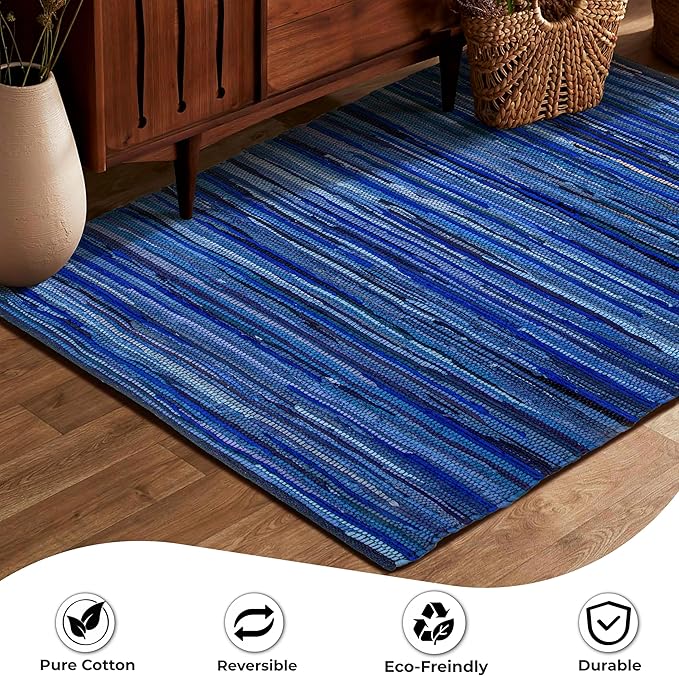 Rug Area Rugs Cotton Navy 3x5 Ft Multicolour Chindi for Livingroom Bedroom Washable RagRug Reversible Farmhouse Kitchen RunnerRug Carpet Area Runner Mat for Hallway, Entryway