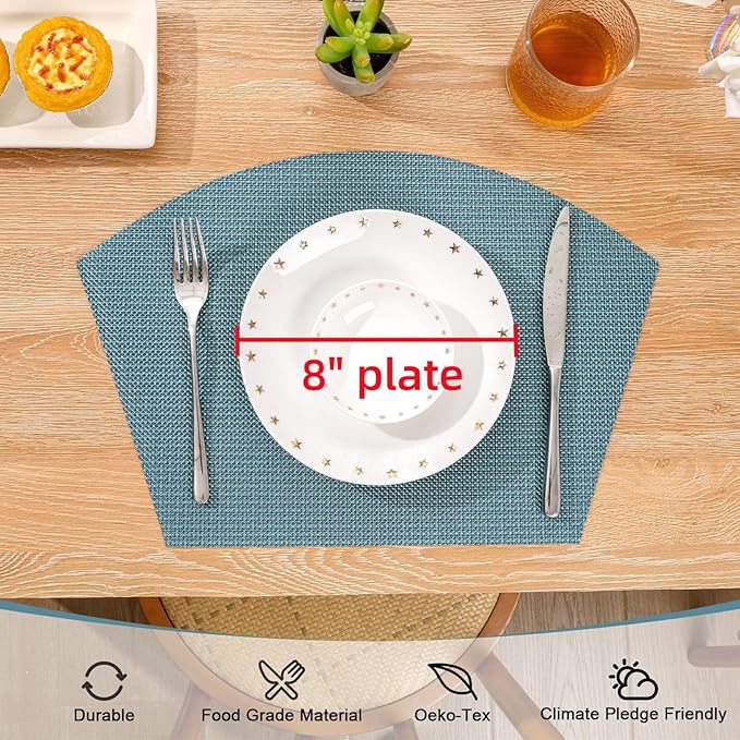 SHACOS Round Table Placemats Set of 4 Small Wedge Placemat Wipe Clean Heat Resistant Woven Vinyl Round Table Mats (4, Gray Blue)