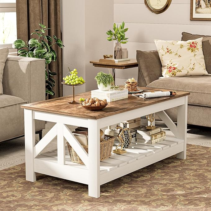JUMMICO 39” Farmhouse Coffee Table for Living Room, 2-Tier Modern Living Room Table with Storage Shelf, Rustic Rectangular Center Table Space Saving Home Furniture (Rustic Oak & White)