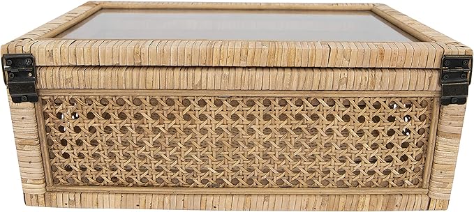 Creative Co-Op Modern Decorative Rectangle Woven Rattan and Wood Display Boxes with Glass Top, Set of 2 Sizes, Natural Finish