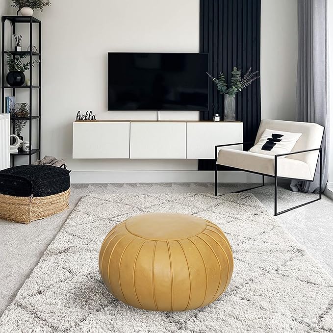 Thgonwid Handmade Storage Pouf Ottoman Foot Stool - Faux Suede Round Floor Cushion 21.6"x13" for Living Room, Bedroom, Wedding Decor, Unstuffed (Yellow)