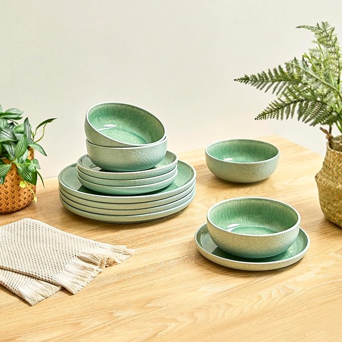 Sango Asher 12-Piece Stoneware Dinnerware Set – Service for 4, Modern Green with Reactive Glaze, Perfect for Everyday Dining & Entertainment, Microwave & Dishwasher Safe