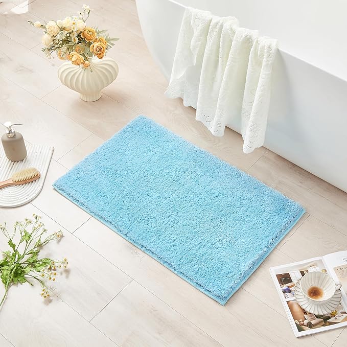 CozeCube Upgraded Shaggy Bath mat for Bathroom Non Slip 36" X 24", Super Soft Quick Dry Bath Rugs, Fluffy Plush Bathroom Rugs Machine Washable, Light Blue
