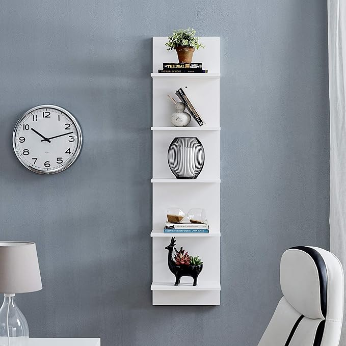 Danya B. Narrow Decorative Wall Mount Vertical Shelving Unit – Modern Column with 5 Shelves Home or Office for Books, Décor Display (White)