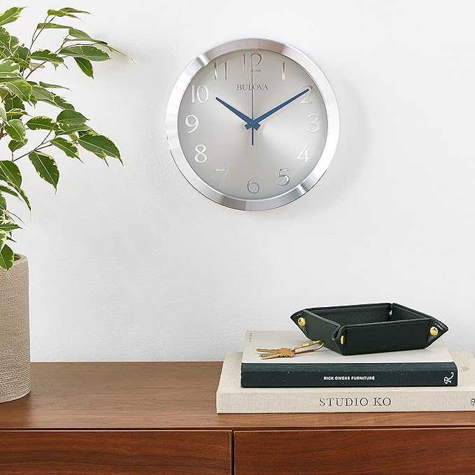 Bulova Winston Wall Clock C4844 | 10" Diameter | Metal Design with Diamond Cut Edges | Silent Sweep Quartz Movement | Easy-to-Read Arabic Numerals