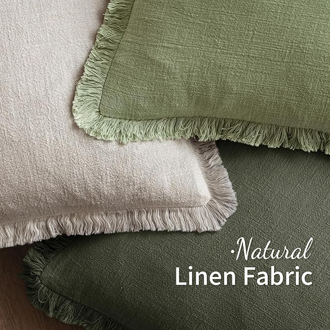 MIULEE Decorative Throw Pillow Covers Neutral Linen Fringe Throw Pillows Set of 2 Rifle Green Boho Farmhouse Cushion Covers with Tassels for Couch Sofa Bed Living Room Spring Home Decor 20x20 Inch