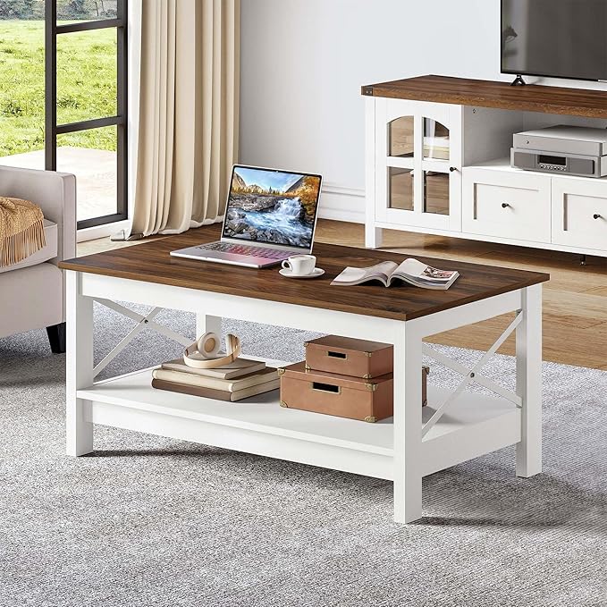 YITAHOME Coffee Table for Living Room,Modern Farmhouse Coffee Table with Storage,2-Tier Center Table for Living Room Wood Living Room Table Accent Cocktail with Sturdy Frame,Brown