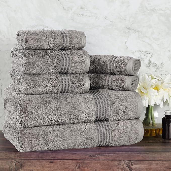 Superior Egyptian Cotton 8-Piece Towel Set, Assorted Towels for Home Bathroom, Master, Guest Bath, Decor Essentials, Includes 2 Bath, 2 Hand, 4 Face Towels/Washcloths, Quick Dry, Absorbent, Charcoal