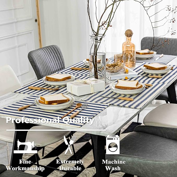 Home Brilliant Placemats Set of 6 Heat Resistant Dining Table Place Mats for Kitchen Table Farmhouse Rustic, 13 x 19 inches, Stripes, Navy Blue and Beige