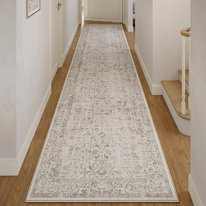Gray Runner Rug 2x10 Hallway Machine Washable Kitchen Vintage Distressed Non Slip Long Carpet Indoor Grey Retro Floral Bedroom Accent Throw Rug for Bathroom Office Laundry Dining Living Room