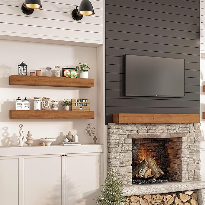 Wall Floating Shelves, Rustic Wood Shelf for Wall Mounted - Wooden Handmade Shelves for Bathroom Kitchen Livingroom(Walnut, 36 Inch - 2 Pack)