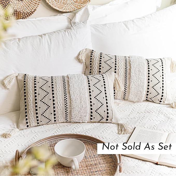 Decorative Lumbar Throw Pillow Cover 12x20 Rectangular Boho Accent Pillowcase Black Neutral White Farmhouse Cushion for Couch Sofa Bedroom Living Home Décor (Cover ONLY, Pack of 1)