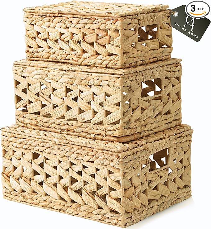 14in Wicker Storage Baskets with Lids, Set of 3 Natural Water Hyacinth Decorative Boxes for Shelf, Woven Lidded Baskets for Organizing, Rattan Storage Box, Nesting Baskets with Lids