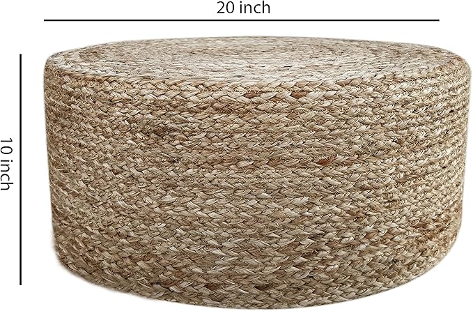 Scandilivin Homes Pouf Ottoman - 100% Natural Jute Braided- Footrest Pouf Hand Knitted - Traditional Cord Boho Pouffe - for The Living Room, Bedroom, Nursery, Patio, Lounge (20" x 20" x 10")