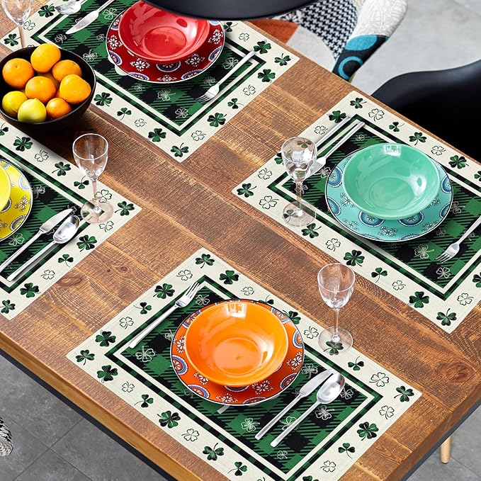 Giwawa Lucky Clover Placemats Set of 4 for Kitchen Dining, St Patricks Day Shamrocks Buffalo Plaids Washable Linen Place Table Mat 12x18 Inches for Tabletop Holiday Party Picnic Decor