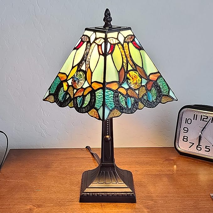 Tiffany Style Mini Accent Lamp 15" Tall Stained Glass Blue Green Vintage Antique Light Décor Living Room Bedroom Handmade Gift AM253TL08B Amora Lighting