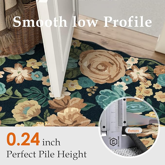 Washable Floral Area Rug 2x3 Black Small Entryway Carpet Scalloped Flower Non Slip Soft Entrance Door Mat Farmhouse Low Pile Indoor Thin Floor Cover for Bathroom Kitchen Bedroom Laundry Room
