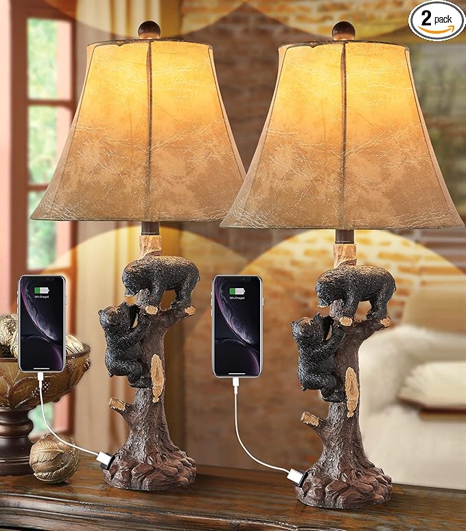 LOKHOM Climbing Bears Rustic Western Table Lamp Set of 2, 26" Rustic Bedside Lamp with USB & TypeC Charging Port, Natural Bears Table Lamp for Bedroom Living Room Foyer Office Valentine's Day Gift