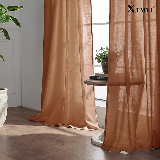 XTMYI 70 Inches Wide Terracotta Country Curtains for Living Room,Sheer Linen Curtains for Bedroom 96 Inches Long