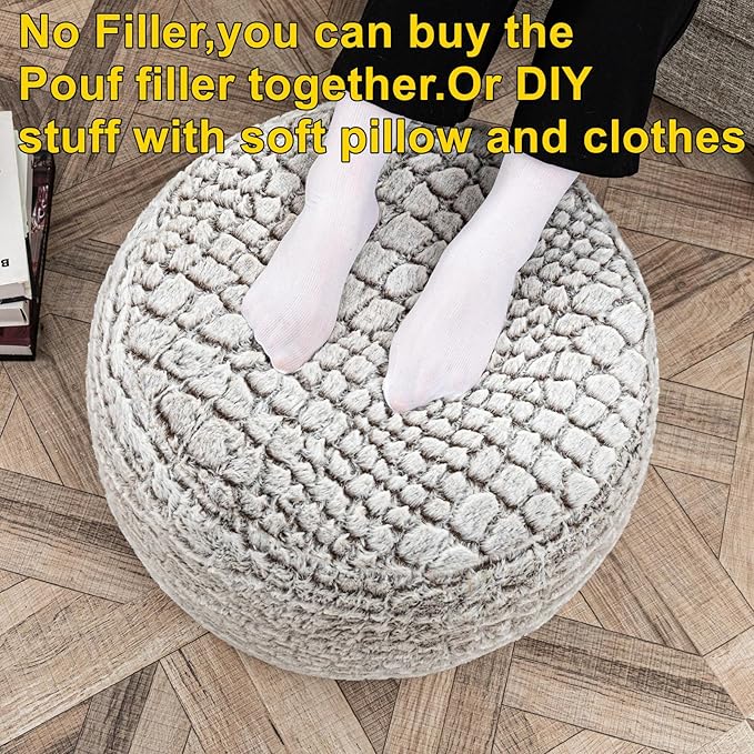 Asuprui Ottoman Pouf Unstuffed Pouf Ottoman Foot Rest 20x12 Inches Fuzzy Chair Round NO Filler Floor Bean Bag Chair Foot Rest with Storage for Living Room Bedroom Cover ONLY Coffee White