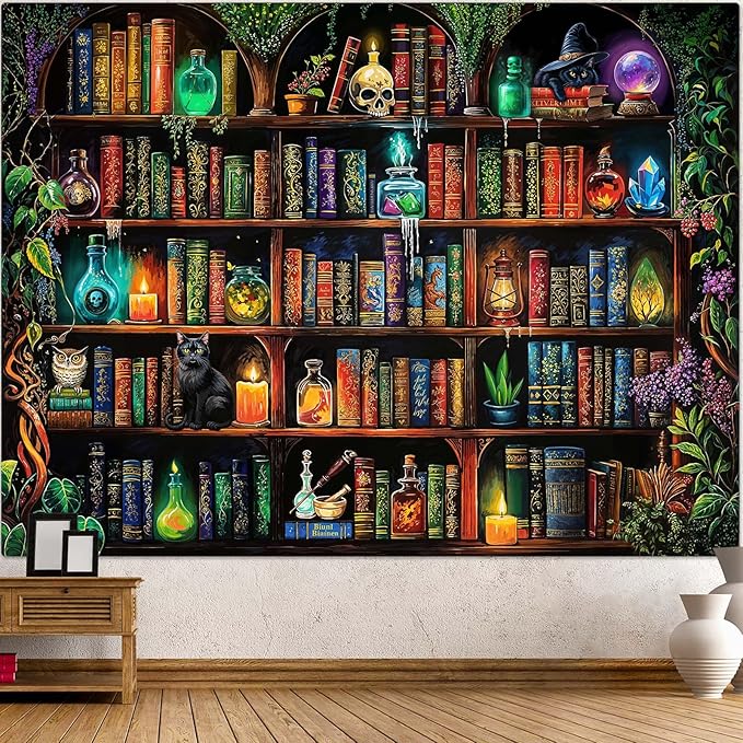 Lunerfex Witch Bookshelf Library Tapestry Wall Decor Tapestry for Bedroom Art Tapestries Wall Hanging for Bedroom Living Room Bookshelf06 70"x90"