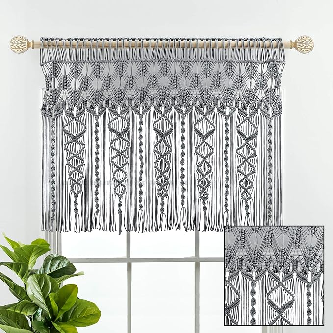 Lush Decor Boho Macrame Textured Cotton Valance, 40" W x 30" L, Gray - Boho Kitchen Curtains & Wall Decor - Macrame Valance - Bathroom Window Curtains