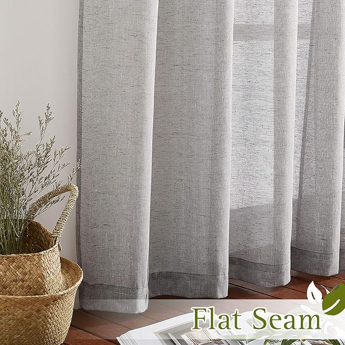 NICETOWN Charcoal Grey Solid Linen Sheer Curtains, Ring Top Thick Flax Light Reducing Wrinkle Free Linen Blend Semi Sheer Window Treatment for Kitchen/Bedroom, W52 x L45, 2 Panels