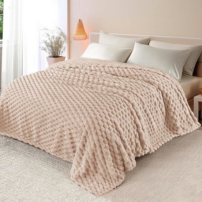 Whale Flotilla Queen Size Blanket for Bed with Jacquard Pattern, Fuzzy Soft Cozy Exquisite Blankets for All Season, Warm and Fluffy, 90x90 Inch, Camel