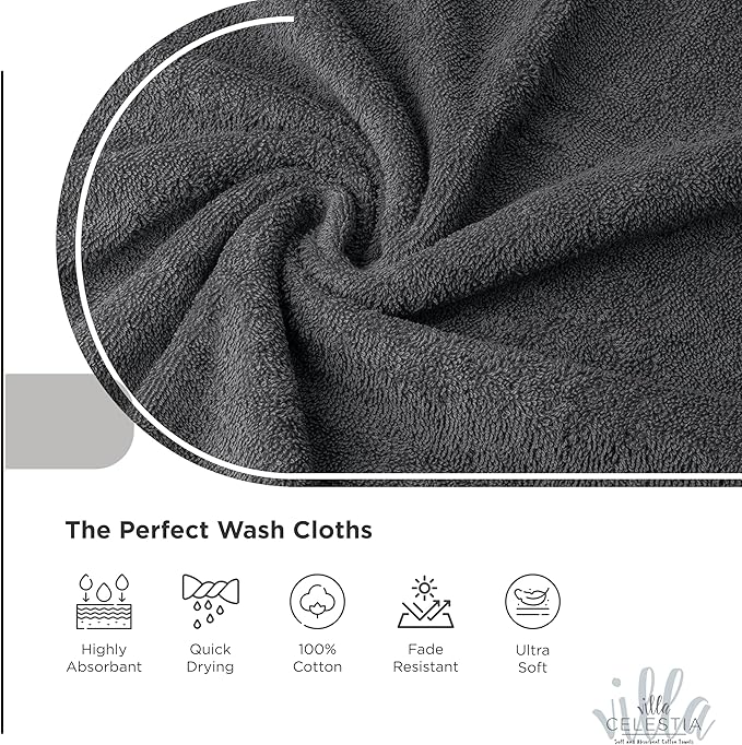 100% Cotton Wash Cloth for face & Body Set of 12, (12 x 12 inches) Sustainable, Soft, Highly Absorbent, Combed Cotton Wash Cloths Pack of 12 for Hotels, Spa, Bathroom, Dorm, Grey