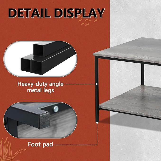 SENIG 2-Tier Coffee Table with Storage Shelf for Small Living Spaces, Grey Oak Rectangle Wood and Sturdy Metal Side End Table, Stable Metal TV Stand, Functional Center Table for Living Room