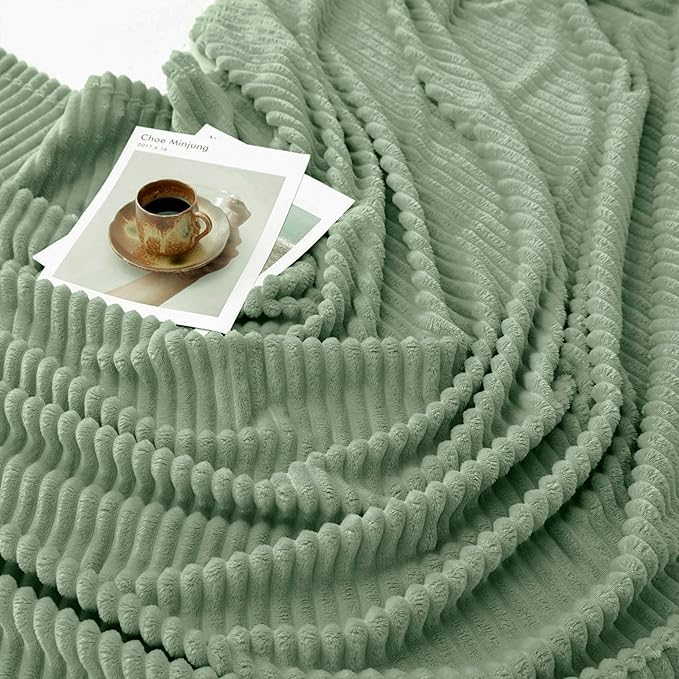 Vessia Flannel Fleece Throw Blanket for Couch,Sofa,Bed, 300GSM Microfiber Sage Green Striped Chair Blanket for Adults and Kids, Super Soft Warm Cozy Lightweight Ribbed Throw for All-Season