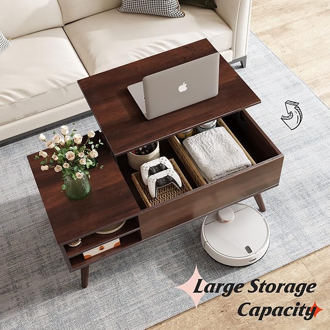 WLIVE Lift Top Coffee Table for Living Room,Small Coffee Table with Storage,Hidden Compartment and Adjustable Shelf,Mid Century Modern, Wood,Cherry,Espresso.