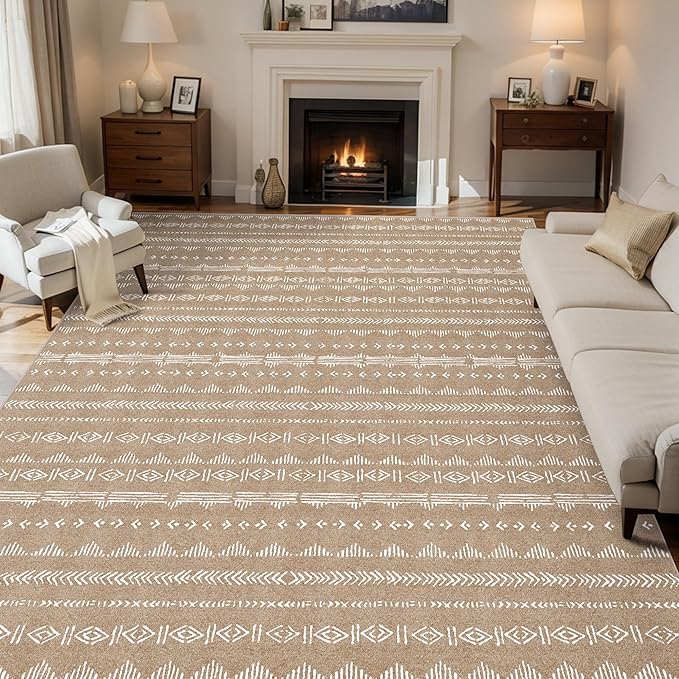 Area Rug 10x14 Living Room Distressed Area Rugs, Non Slip Washable Rugs Large Moroccan Boho Farmhouse Rug for Bedroom Dining Room, Neutral Low Pile Indoor Floor Carpet, Coffee