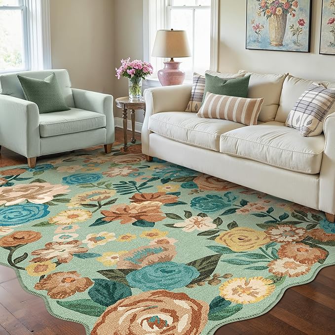 Washable Floral Area Rug 5x7 Green Living Room Carpet Scalloped Flower Non Slip Soft Bedroom Rug Farmhouse Low Pile Thin Indoor Floor Cover for Office Dining Room Kitchen Bathroom